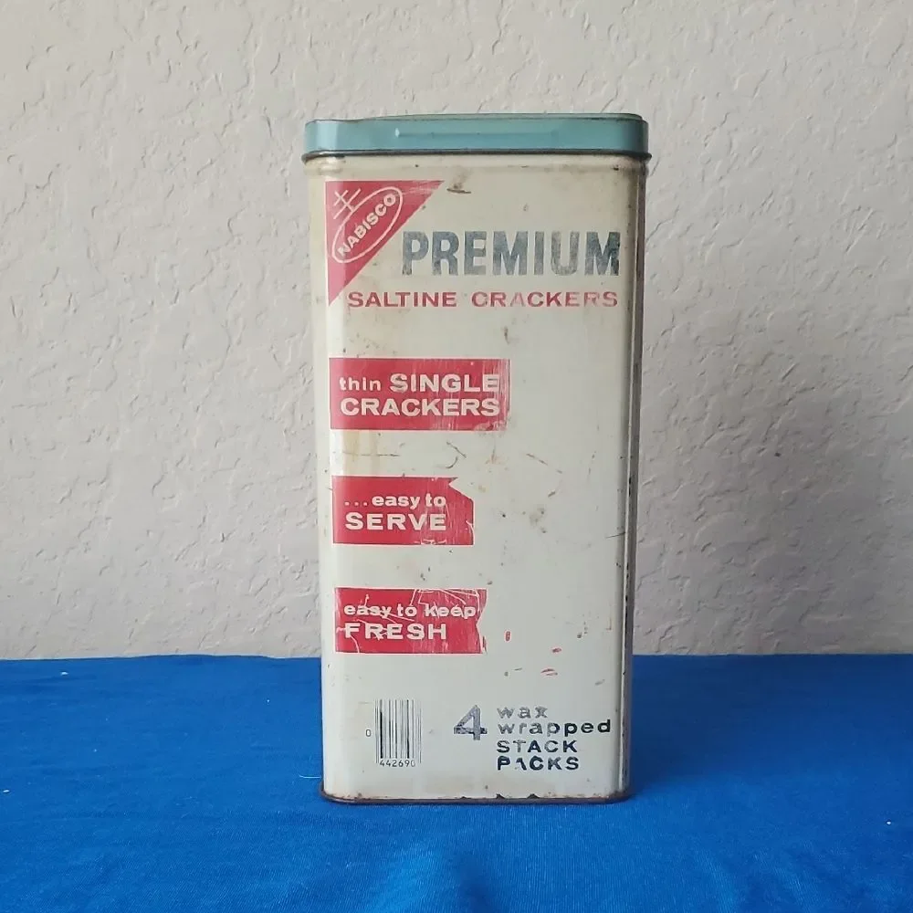 VTG 1969 Nabisco Premium Saltine Crackers Tin Canister - Retro 9.5 Kitchen Decor